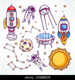 set cosmico con simpatici razzi e astronauti. illustrazione disegnata a mano Illustrazione Vettoriale