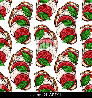Sfondo senza cuciture di deliziosi toast per la colazione con pomodori, foglie di basilico e mozzarella. Illustrazione disegnata a mano Illustrazione Vettoriale