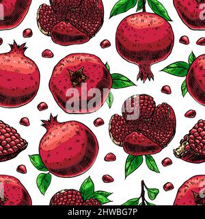 Composizione senza cuciture di melograni rossi con semi e foglie. Vivace, botanico e decorativo Illustrazione Vettoriale