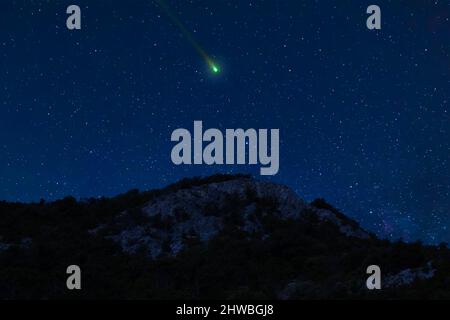 Scena notturna con una cometa, un asteroide, un meteorite che vola nel cielo. Paesaggio notturno. Foto Stock