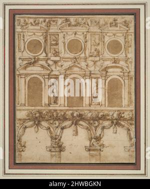 Disegno per una decorazione temporanea della parete Est del cortile di Palazzo Vecchio (recto); schema parziale di un soffitto con pannelli circolari, quadrati e rettangolari (verso). Artista: Giorgio Vasari, italiano, 1511–1574 artista, attribuito a: Vincenzo Borghini, italiano, 1515–1580 Foto Stock