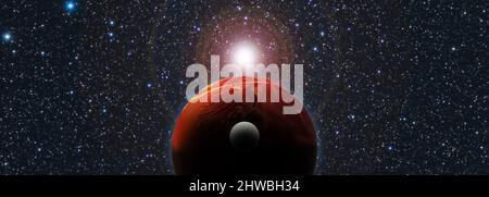 Stella nana rossa allineata con un exoplanet rosso e la sua luna. Alba sopra il mondo alieno. banner di rendering a 3d spazi Foto Stock