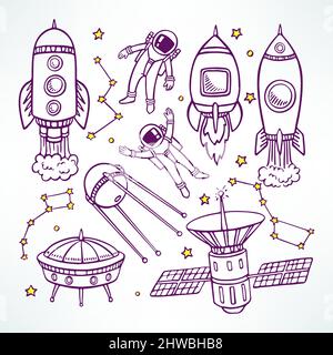 set cosmico con simpatici razzi di schizzo e astronauti. illustrazione disegnata a mano Illustrazione Vettoriale