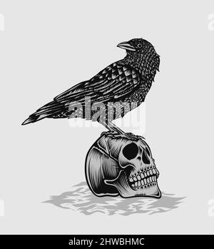 illustrazione vettore corvo uccello con cranio Illustrazione Vettoriale