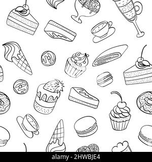 Modello senza cuciture con dolci dessert doodles. Torte fatte a mano su sfondo bianco. Illustrazione vettoriale. Illustrazione Vettoriale