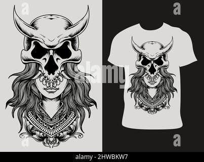 illustrazione vettore cranio ragazza con t shirt design Illustrazione Vettoriale
