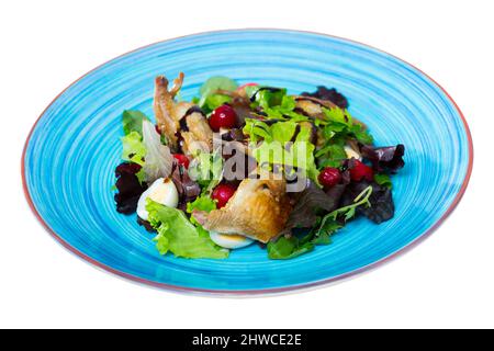 Fresche insalate colorate da quaglie alla griglia e un assortimento di verdi con miele e zenzero e salsa di mirtilli rossi sulla piastra di blu. Isolato su sfondo bianco Foto Stock