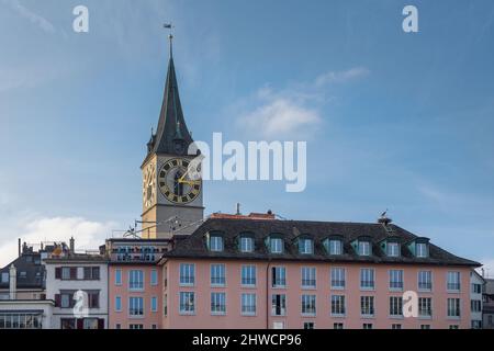 Torre della Chiesa di San Pietro - Zurigo, Svizzera Foto Stock