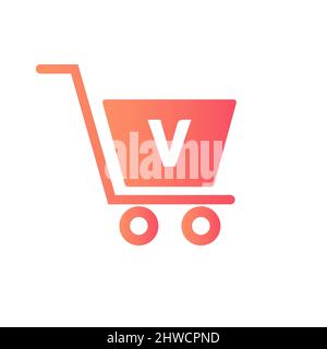 Carrello Carrello spesa su lettera V iniziale Online e modello di concetto di Logo per lo shopping Illustrazione Vettoriale