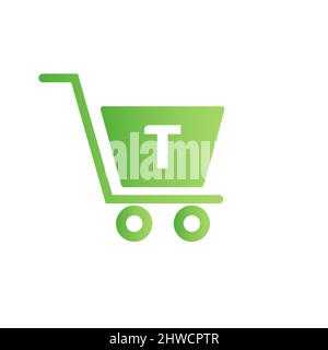 Carrello Carrello spesa su lettera T iniziale Online e modello di concetto di Logo per lo shopping Illustrazione Vettoriale