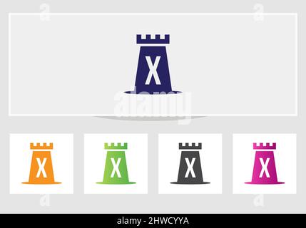 Castle Logo on Letter X. Castle King Logo Design Initial X Letter Concept Vector Template Illustrazione Vettoriale