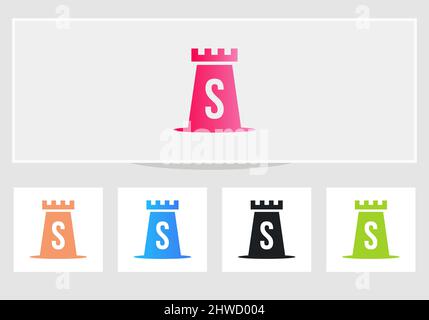 Castle Logo on Letter S. Castle King Logo Design Initial S Letter Concept Vector Template Illustrazione Vettoriale