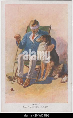 Cartolina di raccolta fondi della prima guerra mondiale di St Dunstan: 'Pals'. Dipinto di un soldato accecato del WW1 con un bendaggio sopra gli occhi, vestito in Hospital Blues, seduto su una sedia. Una mano sta tenendo un bastone bianco e l'altro braccio è intorno ad un cane collie ruvido che è seduto al suo fianco. L'immagine è stata dipinta da George Soprer RE (1870-1942) e la cartolina è stata pubblicata per raccogliere fondi per St Dunstan's, Regent's Park, Londra, e il National Institute for the Blind Foto Stock