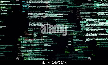 Codici sorgente multipli nel cyberspazio matrice. Animazione. Modifica e sovrapposizione dei codici sorgente software su sfondo nero. Linguaggio di codifica Matrix. P Foto Stock