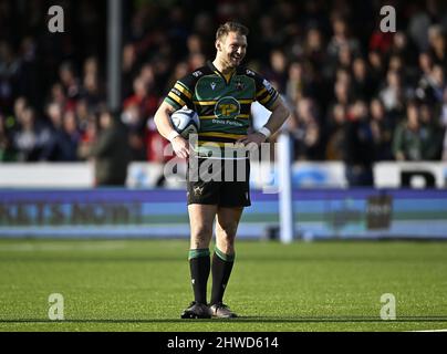 Gloucester, Regno Unito. 05th Mar 2022. Premiership Rugby. Gloucester Rugby V Northampton Saints. Stadio Kingsholm. Gloucester. DaN Biggar (Northampton Saints) sorride durante la partita di rugby Gloucester Rugby V Northampton Saints Gallagher Premiership. Credit: Sport in immagini/Alamy Live News Foto Stock