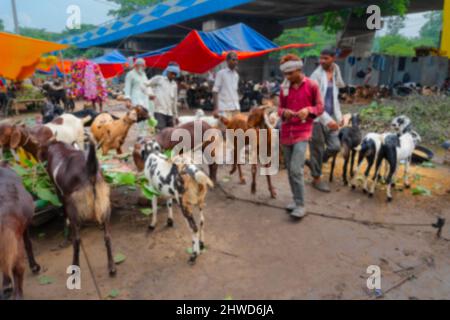 Immagine sfocata di Kolkata, Bengala Occidentale, India. Le capre vengono vendute sul mercato durante la "Eid al-Adha" o la "Festa del sacrificio" o la "Eid Qurban". Foto Stock