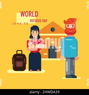 Giornata mondiale dei rifugiati, concetto di evento sociale. 20 giugno vettore. Immigrazione internazionale background. Illustrazione piatta per web design, banner o card. ar Illustrazione Vettoriale