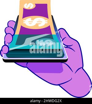 mano che tiene denaro proveniente da un telefono cellulare Illustrazione Vettoriale