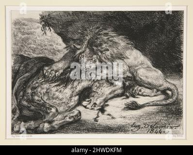 Lion dévorant un cheval (Lion divouring a Horse). Artista: Eugène Delacroix, francese, 1798–1863 Foto Stock