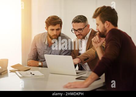 Ottenere una seconda opinione. Scatto corto di tre uomini d'affari che guardano un notebook nella sala riunioni. Foto Stock