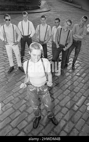 Janet Askham, adolescente di diciassette anni di skinhead, si pone con i suoi amici a casa sua a Huddersfield, West Riding of Yorkshire. 6th giugno 1970. Foto Stock