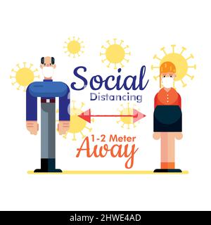 Sociale distanziando due metri persone con maschera in Covid 19 virus pandemic vettore poster banner design art Illustrazione Vettoriale
