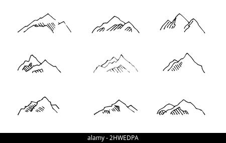 Insieme di scogliera di montagna. In stile di incisione di contorno. Schizzo. Disegno a mano isolato su sfondo bianco. Vettore Illustrazione Vettoriale