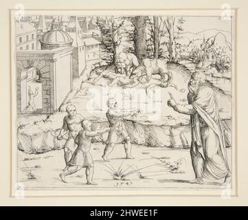 Elia scherzò dai bambini. Artista: Augustin Hirschvogel, tedesco, 1503–1553 Foto Stock