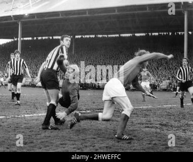 Rangers 0-0 Newcastle United, Inter-Cities Fairs Cup Semifinale, 1st gambe, partita di calcio all'Ibrox Stadium, mercoledì 14th maggio 1969. La nostra foto mostra ... Colin Stein di Rangers corre oltre il portiere IAM McFaul dopo aver inviato il suo sforzo oltre il posto. Foto Stock