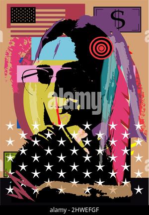 Poster pop art con una ragazza indiana, nativa americana con occhiali da sole, bolletta di denaro e bandiera americana. Foto Stock