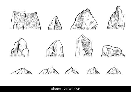 Set di rocce di pietra. Pezzo di scogliera. In stile di incisione di contorno. Schizzo di contorno. Il disegno a mano è isolato su sfondo bianco. Vettore Illustrazione Vettoriale