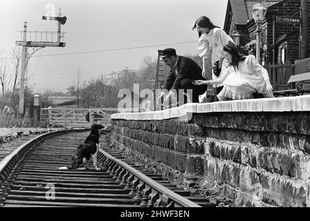 Le telecamere rotolarono, la scena fu impostata e l'azione iniziò quando lungo arrivò Shep. Le collie sedevano nel mezzo della pista mentre "The Railway Children" veniva girato a Haworth, nello Yorkshire. Dopo essere stato Coaxed via il cane è stato guardato dalla polizia locale Sgt. Nelle foto sono Bernard Cribbins, Sally Thomsett e Jenny Agutter che cercano di sguazzare il cane fuori set. 11th maggio 1970. Foto Stock