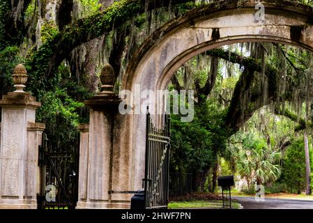 Cancello in stile neogotico antebellico a Wormsloe, sito storico a Savannah, Georgia. Foto Stock