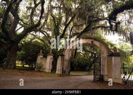 Porta d'ingresso ad arco del sito storico Wormsloe sull'Isola di Hope in Georgia. Foto Stock