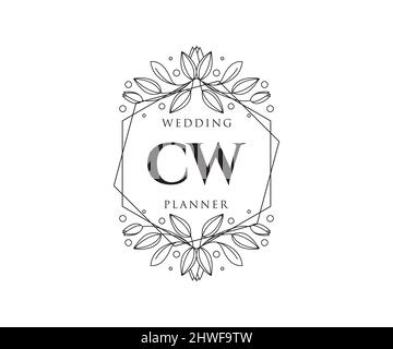 CW iniziali lettera Wedding monogramma collezione loghi, disegnati a mano moderni minimalistici e modelli floreali per carte di invito, Salva la data, elegante Illustrazione Vettoriale