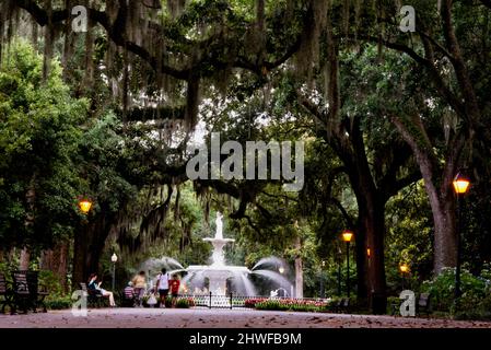 Forsyth Park Fountain a Savannah, Georgia. Foto Stock