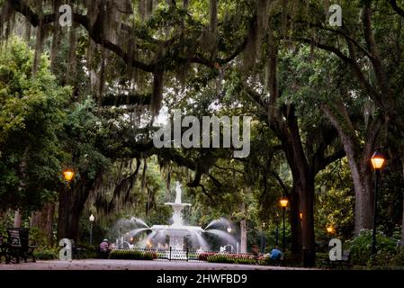 Fontana di Forsyth Park nel Forsyth Park a Savannah, Georgia. Foto Stock