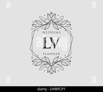 LV iniziali lettera matrimonio monogramma collezione loghi, disegnati a mano moderni minimalistici e modelli floreali per carte di invito, Salva la data, elegante Illustrazione Vettoriale