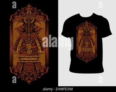 illustrazione vettore vintage samurai guerrieri su ornamento fiamma Illustrazione Vettoriale