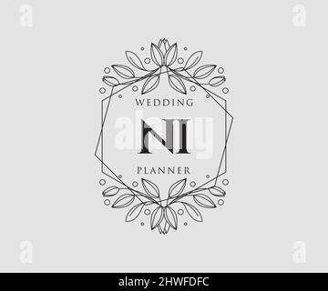 NI iniziali lettera Wedding monogramma collezione loghi, disegnati a mano moderni minimalistici e modelli floreali per carte di invito, Salva la data, elegante Illustrazione Vettoriale