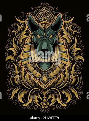 Illustrazione vettore Antico Egitto Anubis dio con ornamento incisione Illustrazione Vettoriale