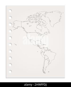 Mappa America su fogli di carta puliti e realistici strappati dal blocco, vuoti Foto Stock