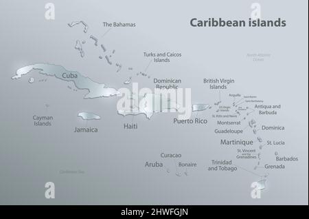 Mappa delle isole caraibiche, singole isole e nomi, disegno carta vetro vettore 3D Illustrazione Vettoriale