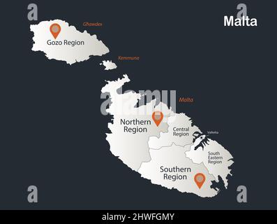 Mappa delle regioni di Malta, Infognografia disegno piatto colori bianco neve, con nomi di vettore regione individuale Illustrazione Vettoriale