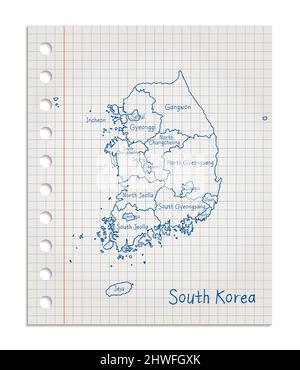 La Corea del Sud mappa su un realistico foglio quadrato di carta strappato da un vettore a blocchi Illustrazione Vettoriale
