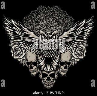 illustrazione vettore gufo uccello con cranio e fiore di rosa Illustrazione Vettoriale