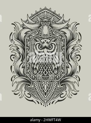 Illustrazione vettore uccello Owl con ornamento da incisione vintage Illustrazione Vettoriale