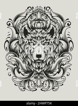 Illustrazione testa di lupo vettoriale con ornamento da incisione vintage Illustrazione Vettoriale