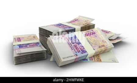 3D stack di 10000 note CFA dell'Africa occidentale isolate su sfondo bianco. 3d rendering Foto Stock