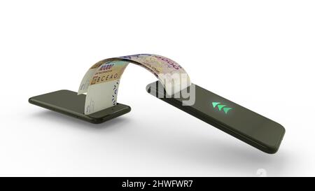 3D rendering delle banconote in franco CFA dell'Africa occidentale che trasferiscono da un telefono all'altro. Concetto di transazione di denaro mobile Foto Stock